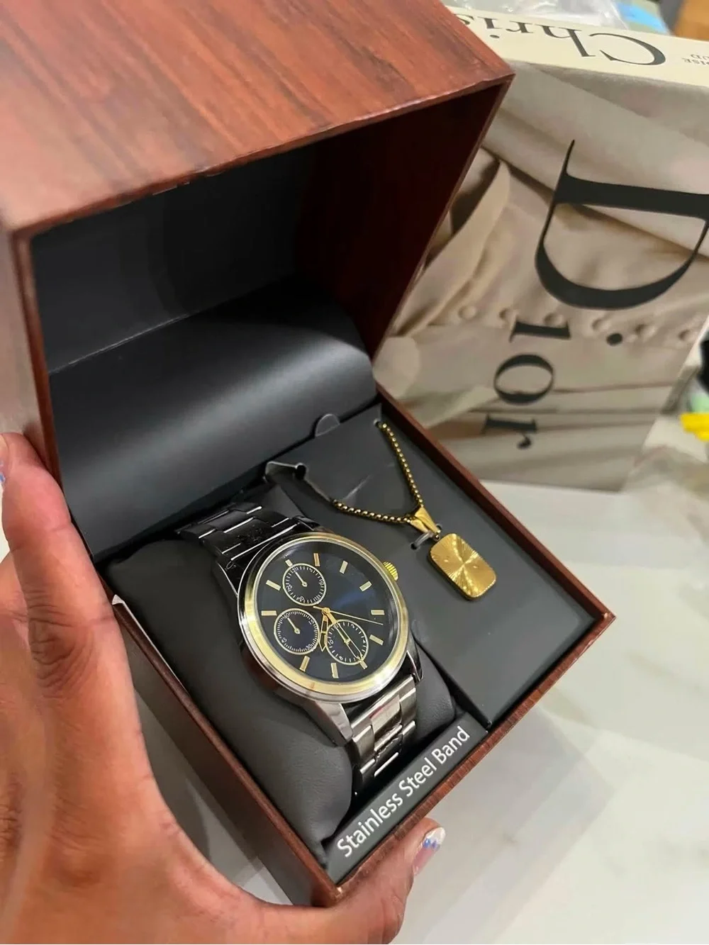 Folio Gold Accent Black Dial Men's Watch with Gold Pendant Necklace